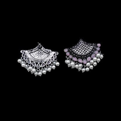 Baby Pink Stone Studded Lotus Petal Shaped Oxidised Earrings With Hanging Line Of Pearl