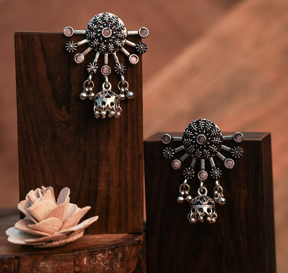 Baby Pink Stone Studded Semicircular Oxidized Earrings With Hanging Jhumki