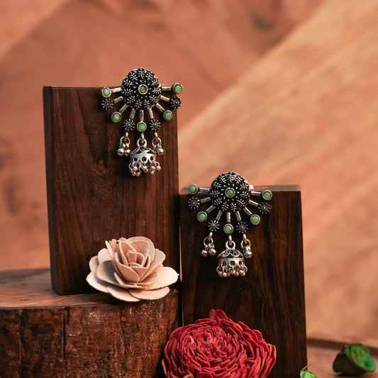 Pista Stone Studded Semicircular Oxidized Earrings With Hanging Jhumki