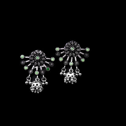 Pista Stone Studded Semicircular Oxidized Earrings With Hanging Jhumki