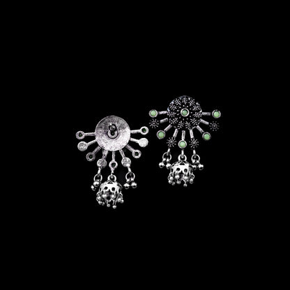 Pista Stone Studded Semicircular Oxidized Earrings With Hanging Jhumki