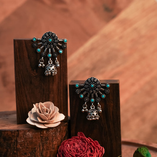 Sky Blue Stone Studded Semicircular Oxidized Earrings With Hanging Jhumki