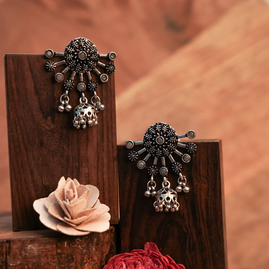 Grey Stone Studded Semicircular Oxidized Earrings With Hanging Jhumki