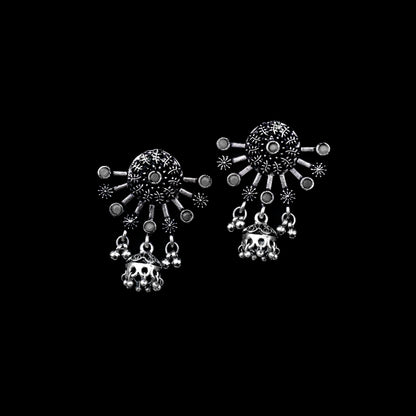 Grey Stone Studded Semicircular Oxidized Earrings With Hanging Jhumki