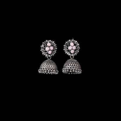 Baby Pink Stone Studded Oxidised Earrings With Hanging Jhumki