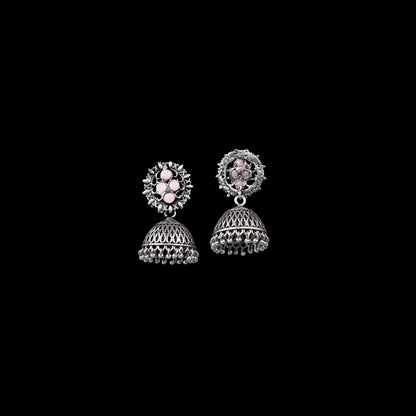 Baby Pink Stone Studded Oxidised Earrings With Hanging Jhumki
