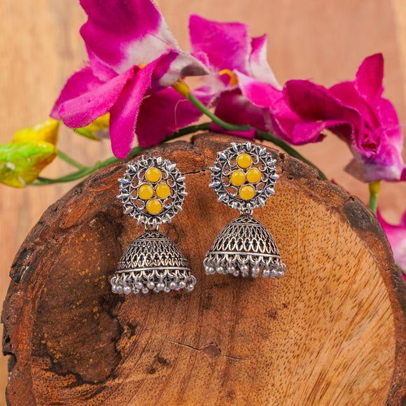 Yellow Stone Studded Oxidised Earrings With Hanging Jhumki