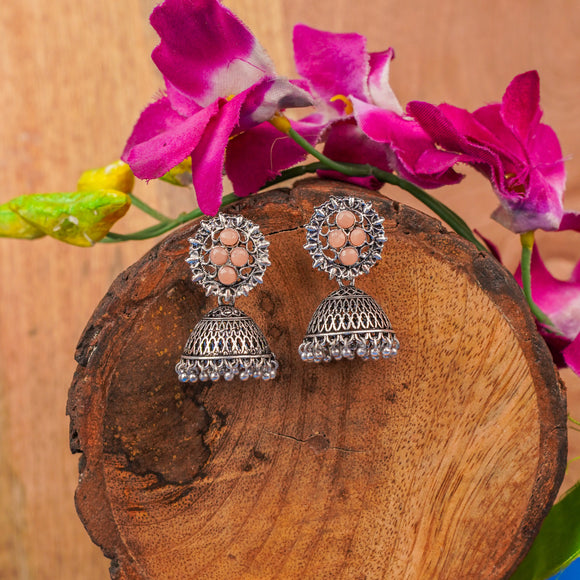 Light Orangish Stone Studded Oxidised Earrings With Hanging Jhumki