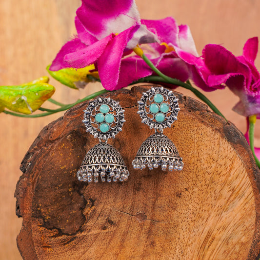 Mint Stone Studded Oxidised Earrings With Hanging Jhumki