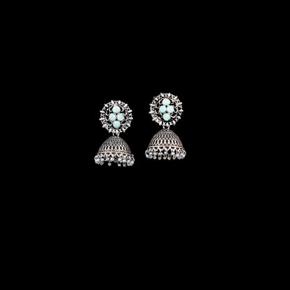 Mint Stone Studded Oxidised Earrings With Hanging Jhumki