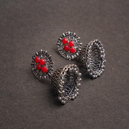 Dark Red Stone Studded Oxidised Earrings With Hanging Jhumki