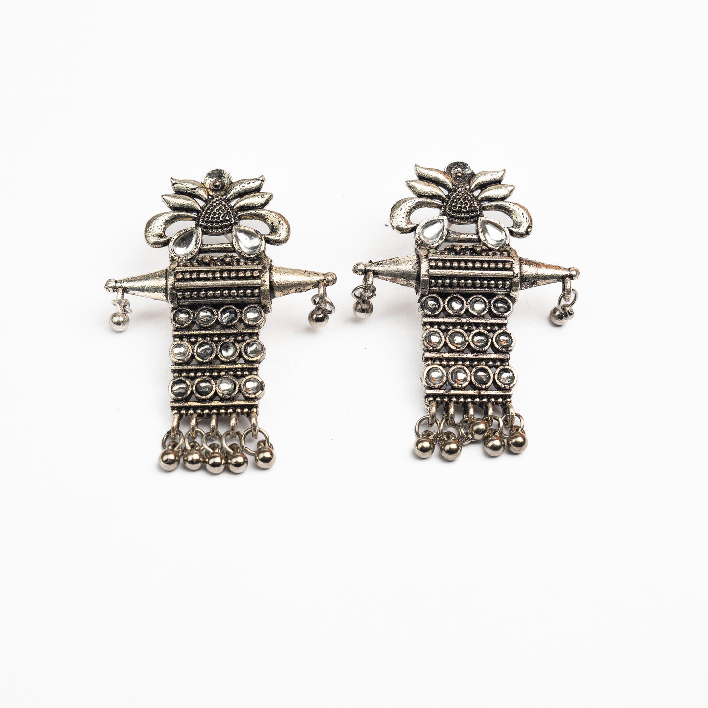 White Stone Studded Oxidised Earrings With Hanging Ghunghuroo