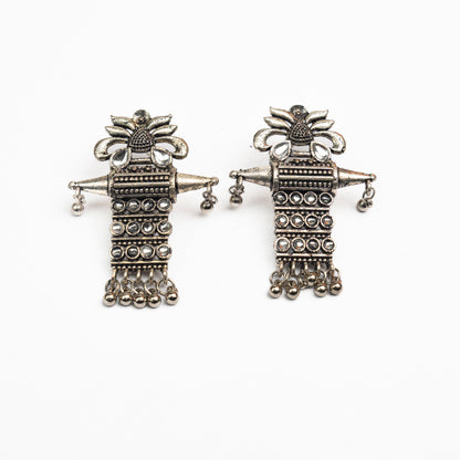 White Stone Studded Oxidised Earrings With Hanging Ghunghuroo