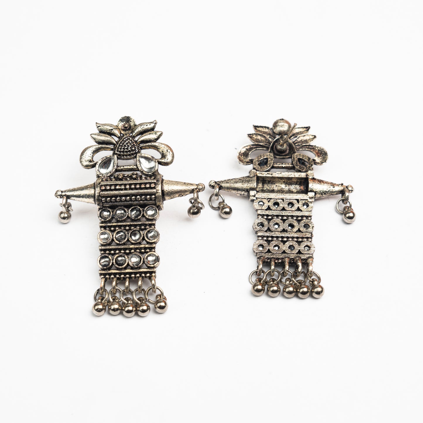 White Stone Studded Oxidised Earrings With Hanging Ghunghuroo