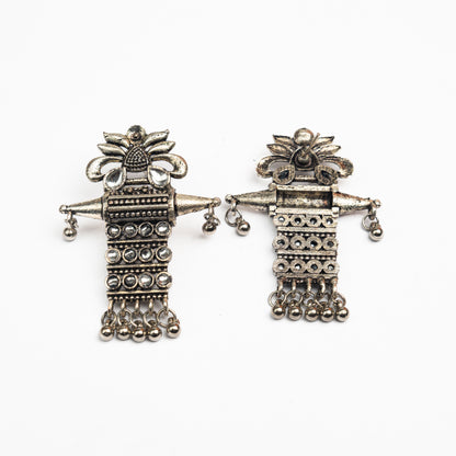 White Stone Studded Oxidised Earrings With Hanging Ghunghuroo