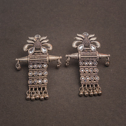 White Stone Studded Oxidised Earrings With Hanging Ghunghuroo