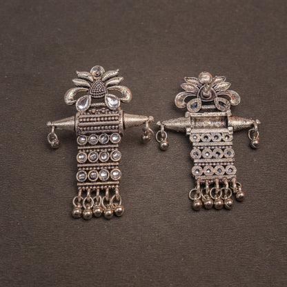 White Stone Studded Oxidised Earrings With Hanging Ghunghuroo
