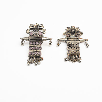 Baby Pink Stone Studded Oxidised Earrings With Hanging Ghunghuroo