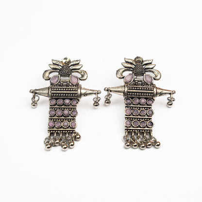 Baby Pink Stone Studded Oxidised Earrings With Hanging Ghunghuroo
