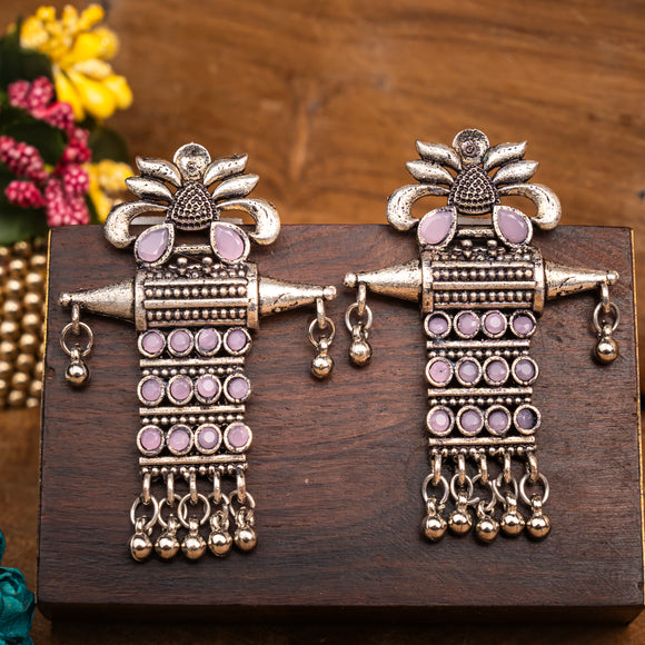 Baby Pink Stone Studded Oxidised Earrings With Hanging Ghunghuroo