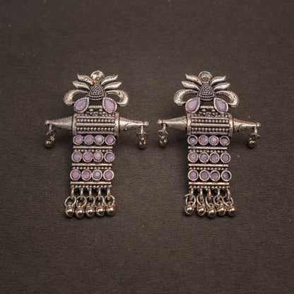 Baby Pink Stone Studded Oxidised Earrings With Hanging Ghunghuroo