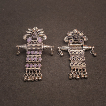 Baby Pink Stone Studded Oxidised Earrings With Hanging Ghunghuroo