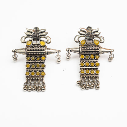 Yellow Stone Studded Oxidised Earrings With Hanging Ghunghuroo