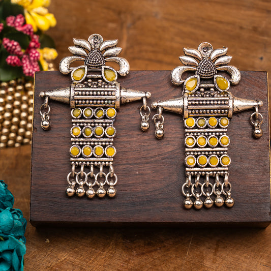 Yellow Stone Studded Oxidised Earrings With Hanging Ghunghuroo