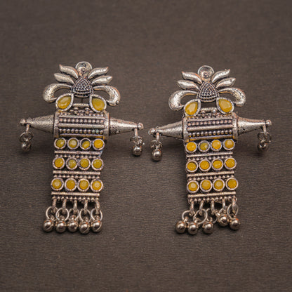 Yellow Stone Studded Oxidised Earrings With Hanging Ghunghuroo