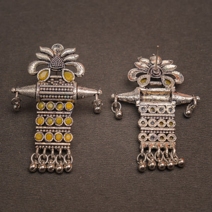 Yellow Stone Studded Oxidised Earrings With Hanging Ghunghuroo