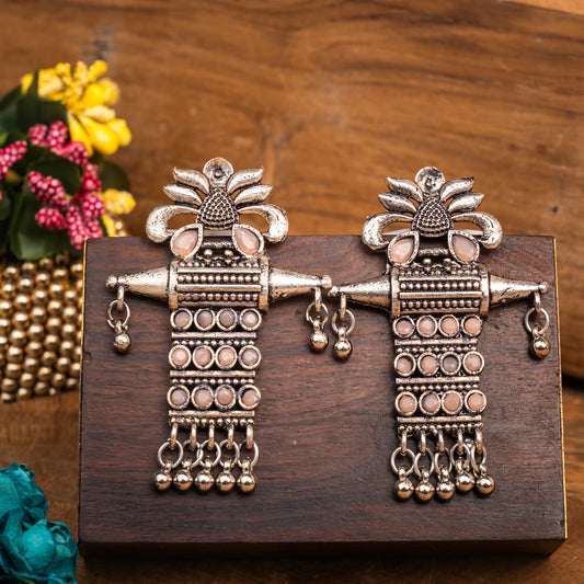 Light Orangish Stone Studded Oxidised Earrings With Hanging Ghunghuroo