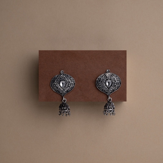 White Stone Studded Oxidised Earrings With Hanging Jhumki