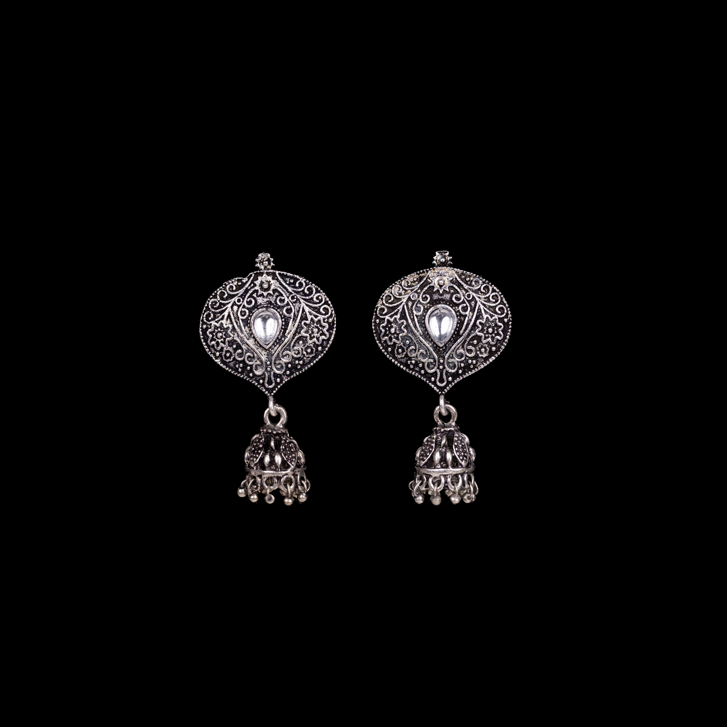 White Stone Studded Oxidised Earrings With Hanging Jhumki
