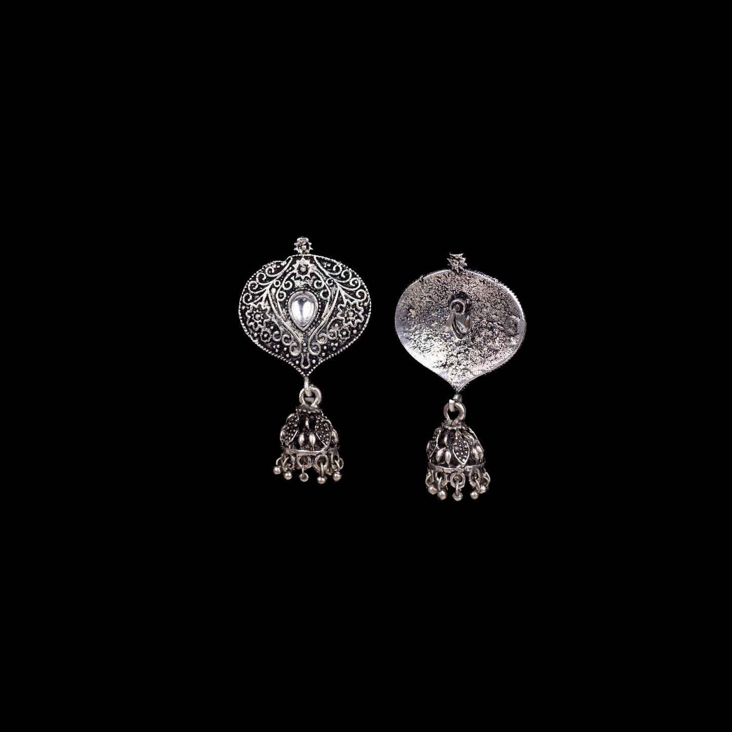 White Stone Studded Oxidised Earrings With Hanging Jhumki