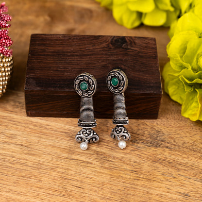 Green Stone Studded Delicate Oxidised Earrings With Hanging Pearl