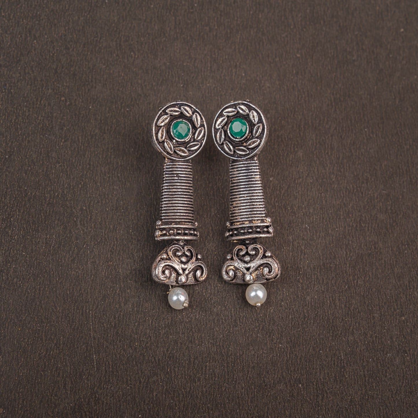 Green Stone Studded Delicate Oxidised Earrings With Hanging Pearl