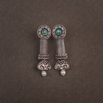 Green Stone Studded Delicate Oxidised Earrings With Hanging Pearl