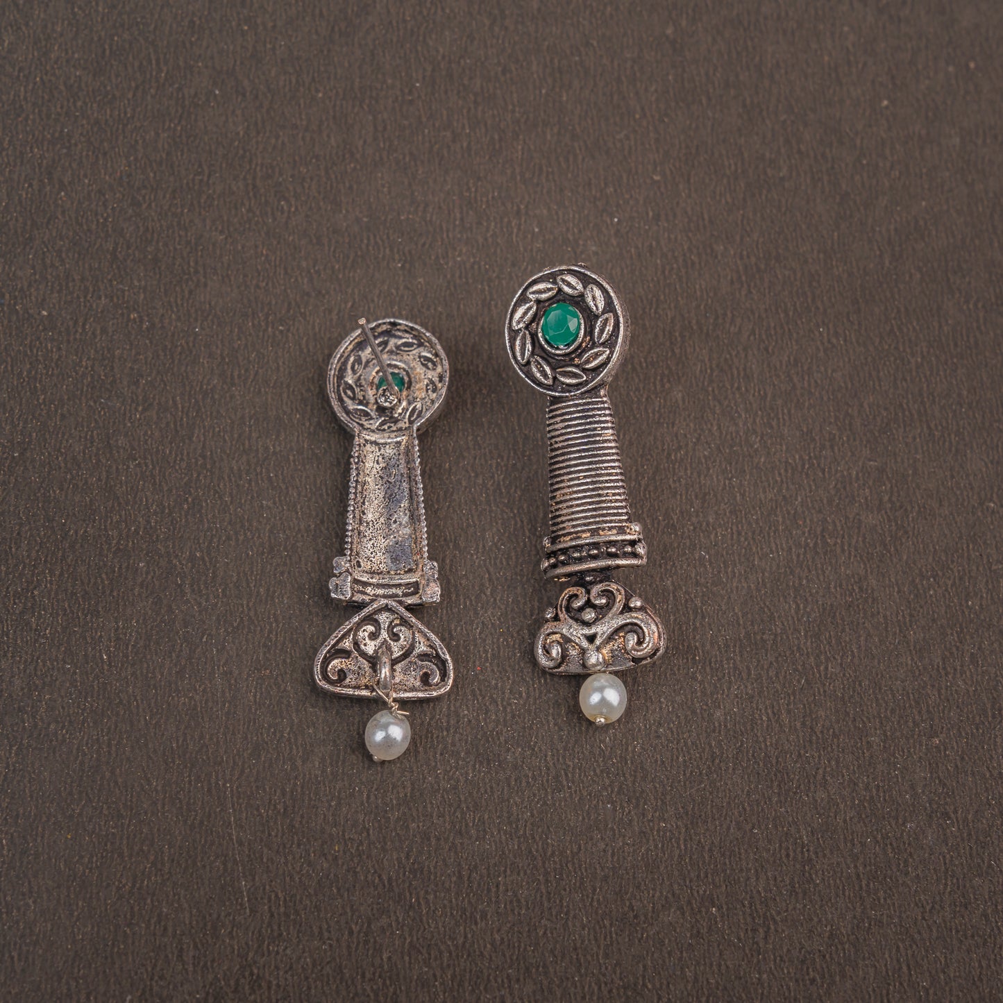 Green Stone Studded Delicate Oxidised Earrings With Hanging Pearl