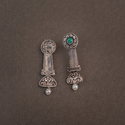 Green Stone Studded Delicate Oxidised Earrings With Hanging Pearl