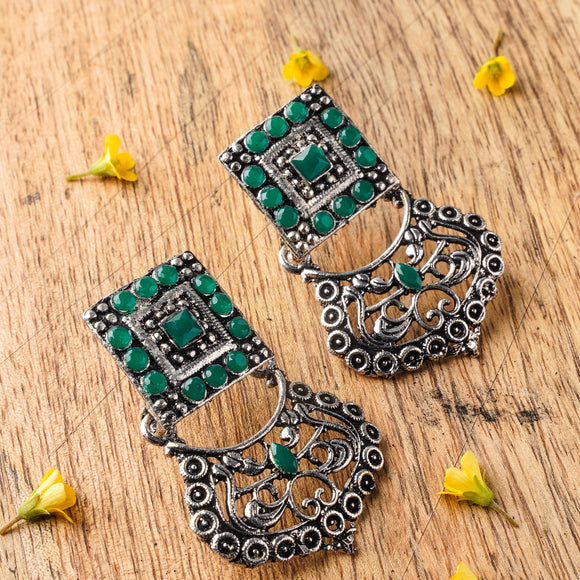 Green Stone Studded Oxidised Earrings