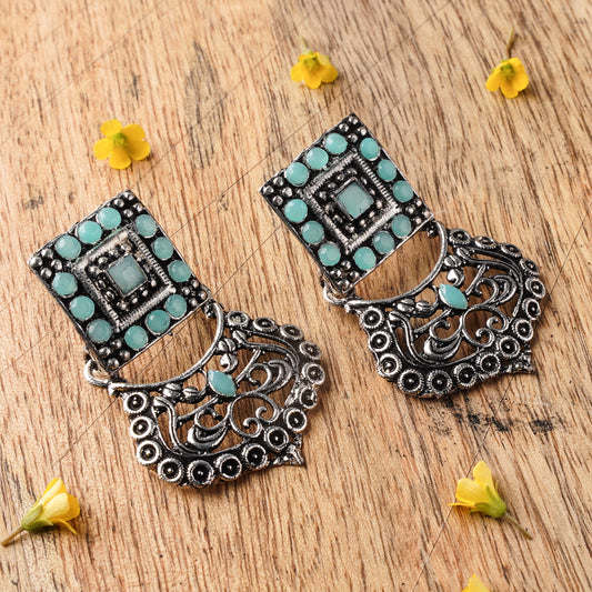 Mint Stone Studded Oxidised Earrings