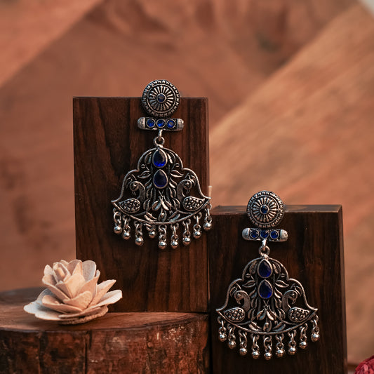 Blue Stone Studded Oxidized Danglers