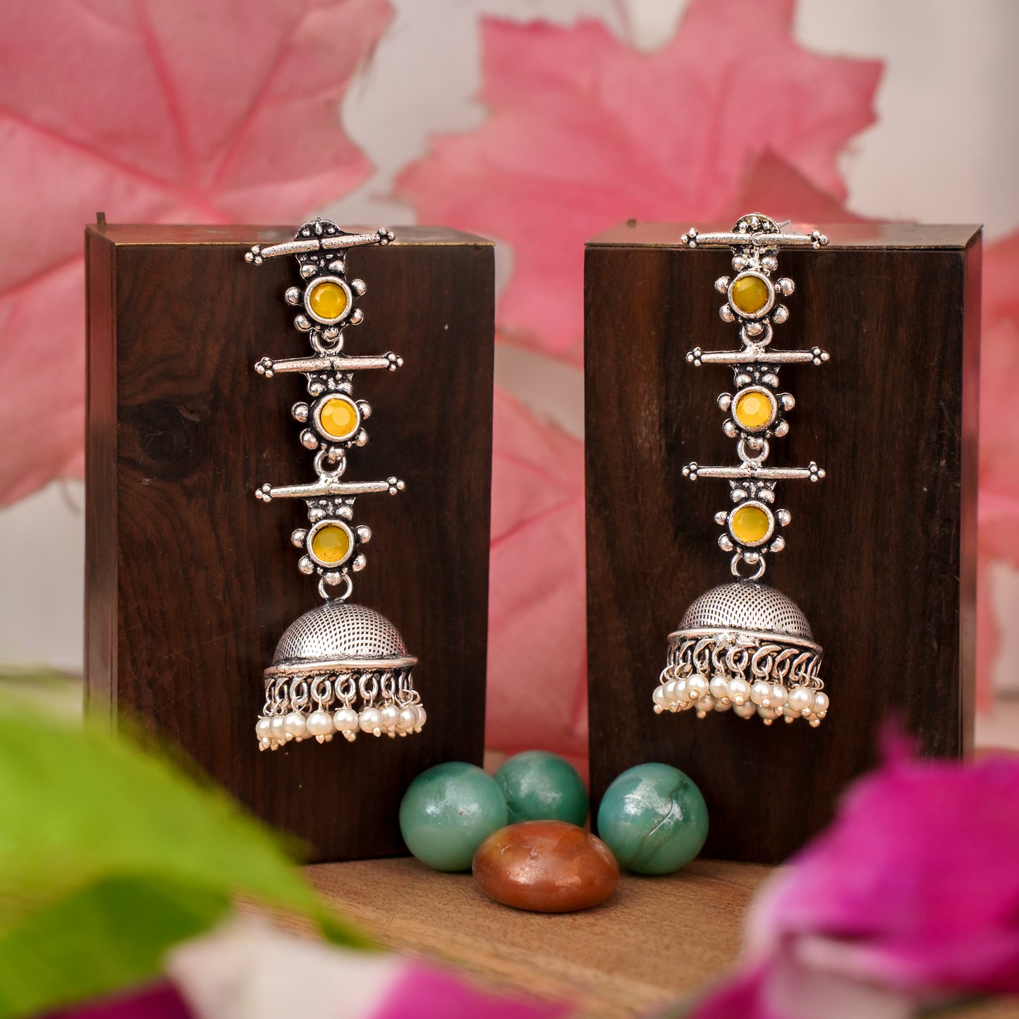 Yellow Stone Studded Triple Layered Jhumkas