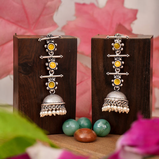 Yellow Stone Studded Triple Layered Jhumkas