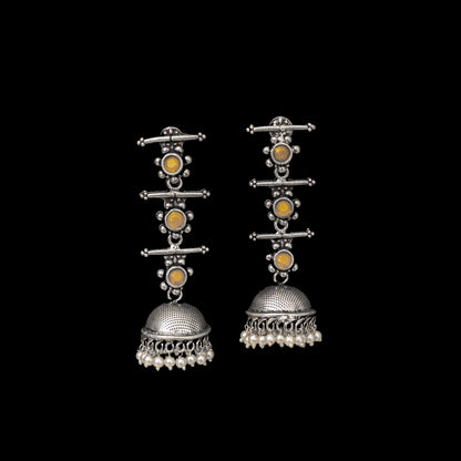 Yellow Stone Studded Triple Layered Jhumkas