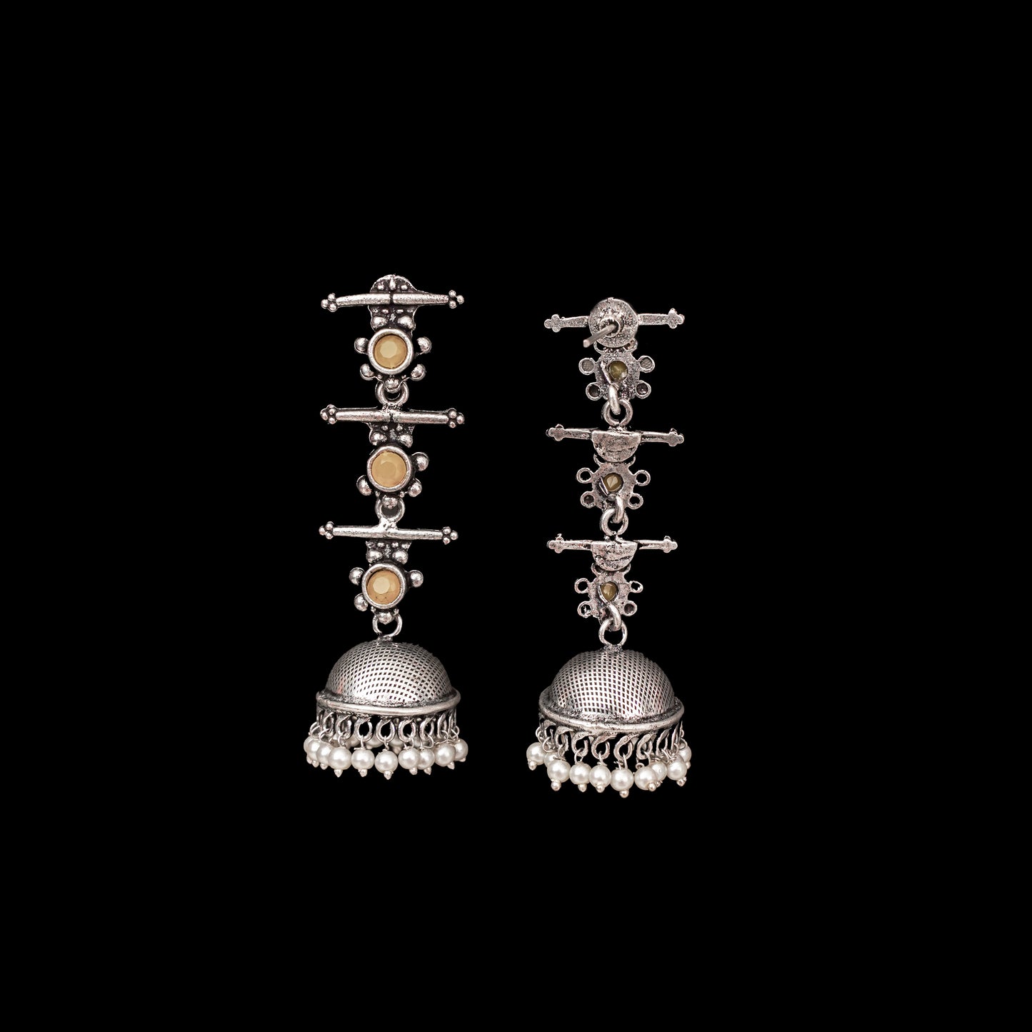 Yellow Stone Studded Triple Layered Jhumkas