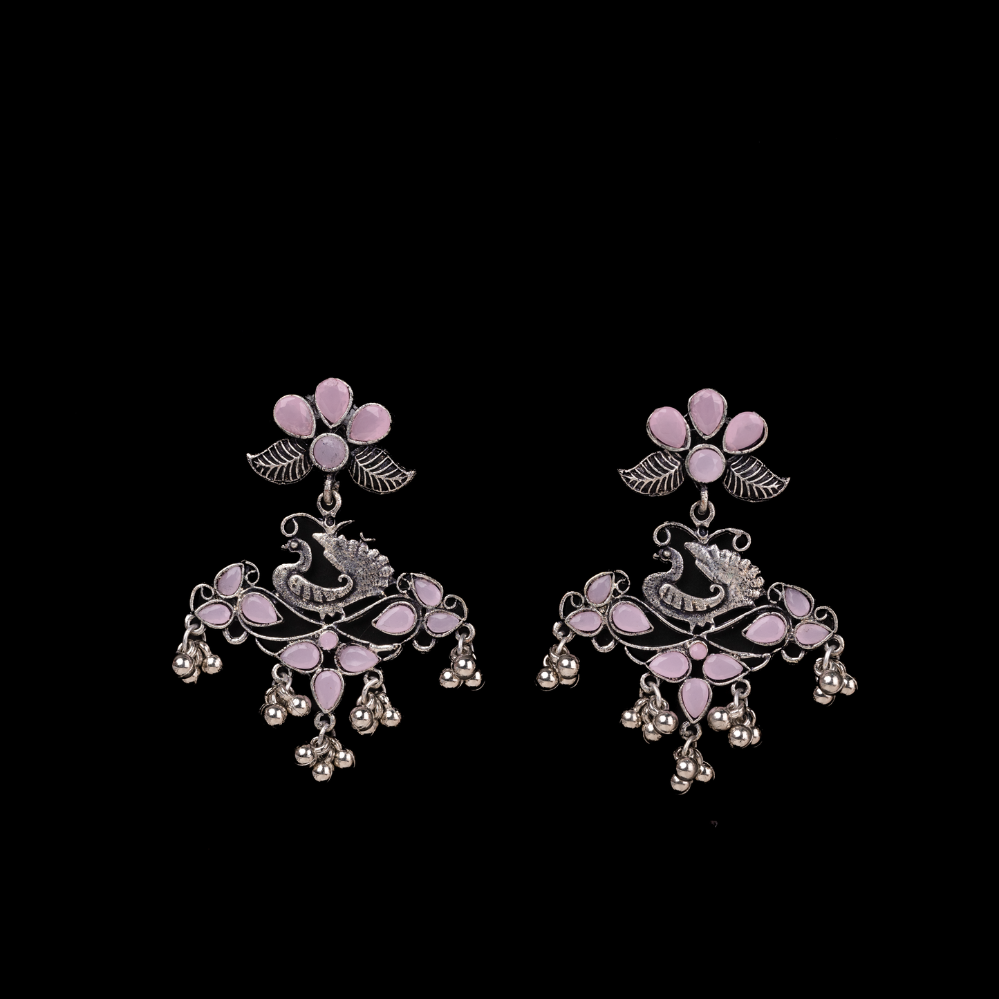 Baby Pink Stone Studded Peacock Motif Oxidised Earrings