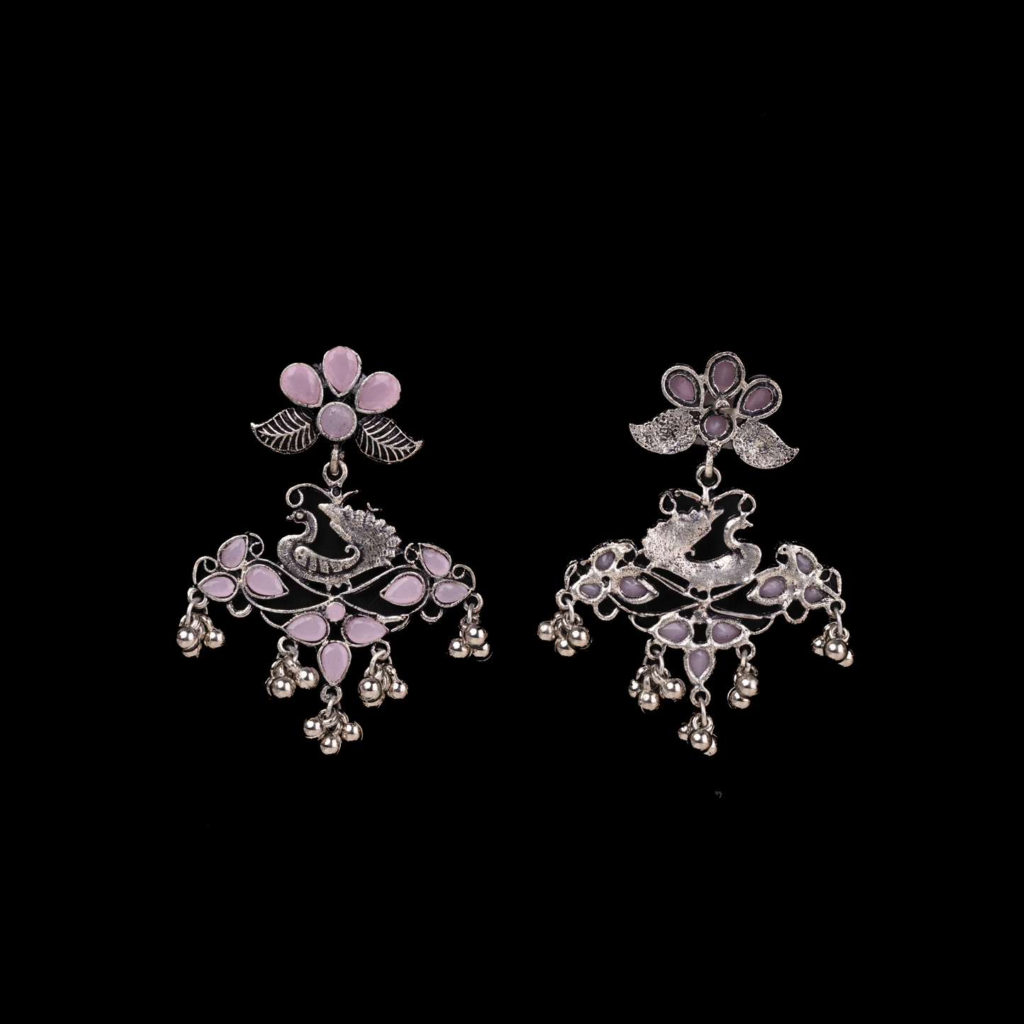 Baby Pink Stone Studded Peacock Motif Oxidised Earrings