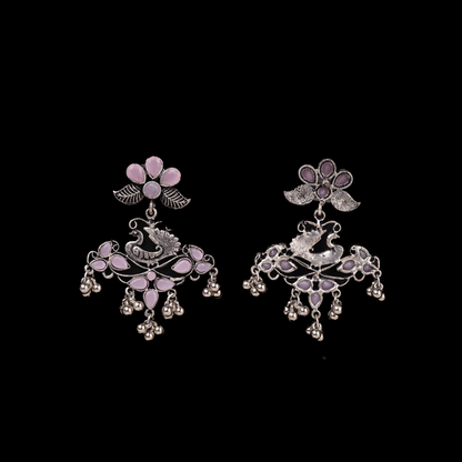 Baby Pink Stone Studded Peacock Motif Oxidised Earrings