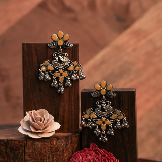 Yellow Stone Studded Semicircular Oxidized Earrings With Hanging Jhumki